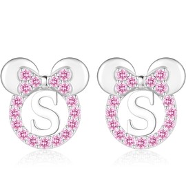 Sterling Silver Earrings for Girl Women: Hypoallergenic Initial S Earrings with Pink Cubic Zirconia White Gold Earrings Studs for Sensitive Ears Chirstmas Birthday Gifts