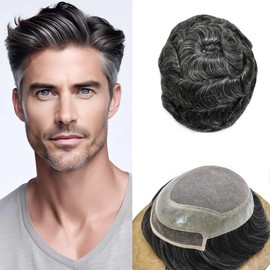 RESHE Mens Toupee Real Human Hair Pieces Toupee For Men Durable Fine Mono Bleached Knot Natural Hairline French Lace Front Hair System For Men 8x10 Medium light density #1B30 1B# OFF BLACK+30% GREY