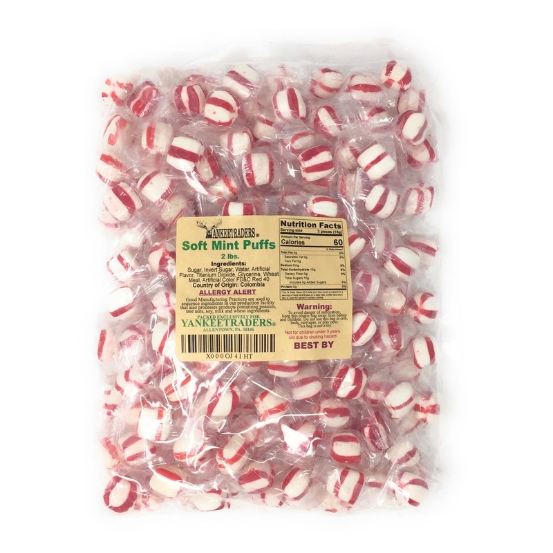 YANKEETRADERS Peppermint Mint Puffs Candy, Indivdually Wrapped - 2 Lbs