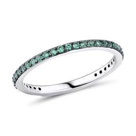 Namana Skinny Sterling Silver Band Ring for Women. Green Rings for Women Set with Emerald Green Cubic Zirconia Gemstones. Size R 925 Sterling Silver Rings for Women With Green Stones