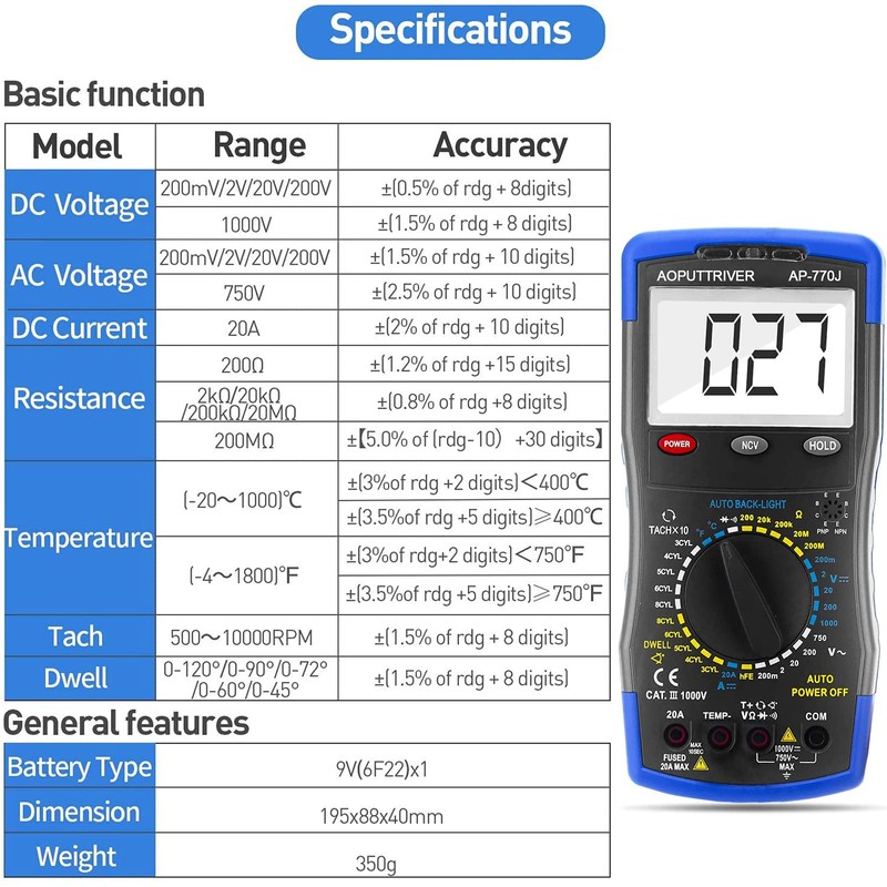 Digital Multimeter, Automotive Multimeter, Engine Analyser Manual Ranging NCV Multi