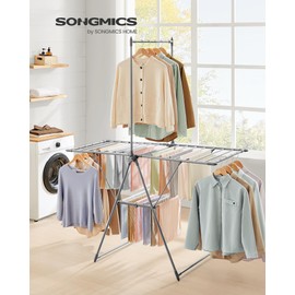 SONGMICS Clothes Drying Rack, Foldable 2-Level Laundry Drying Rack, Free-Standing Airer, 1 Additional Tall Hanging Bar, 2 Height-Adjustable Wings, 24 Drying Rails, Space Savng, Gray ULLR521G01
