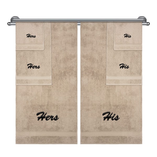 Hers and His Monogrammed Towel, Couple's Gift, Bathroom Sets, Anniversary, Wedding, Engagement Gifts for Couples, 100% Cotton 6 Piece Towel Set, 2 Bath & 2 Hand Towels, 2 Washcloths, Beige