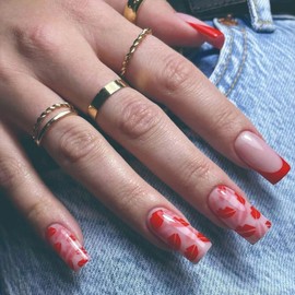Vopintpy Romantic Red Lips French Tip Press on Nails Valentine's Day Fake Nails Long Square Glossy Acrylic Glue on Nails Reusable Full Cover Stick on Nails for Women DIY Valentines Manicure