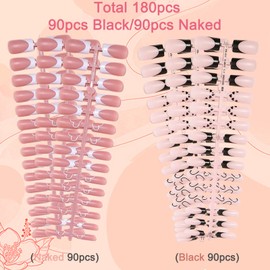 French Gel Nail Tips, 180pcs Medium Coffin Press on Soft Gel Fake Nails, 3 in 1 X-coat Pre-Applied Tip Primer & Base Coat, 15 Sizes for DIY Nail Extension, No Filing Required (HJ-NT089)