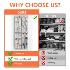 FENTEC 35 Large Pockets Over The Door Shoe Organizer, Mesh Hanging Shoe Organizer Shoe Rack for Closet Mesh Closet Shoe Holder, Over Door Organizer, Shoe Organizer for Wall, Grey, 1 Pack