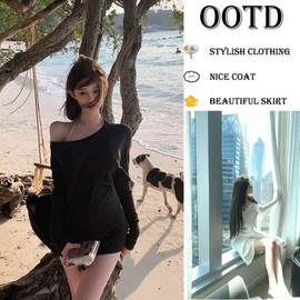 a891 Bikini Cover-up 2025 New Hot Girl Style Diagonal Collar Off-Shoulder Long Sleeve Outer Cover Slim Free Size/White 10ea