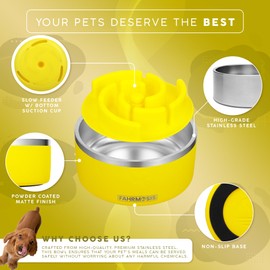 FAHRMOSIS 64 OZ Dog Bowl with Slow Feeder Insert Stainless Steel Dog Bowls for Medium & Large Breed, Non Slip Dog Bowls & Plastic Slow Feeder Dog Bowls | Slow Feeder Insert and Dog Water Bowl - Yellow