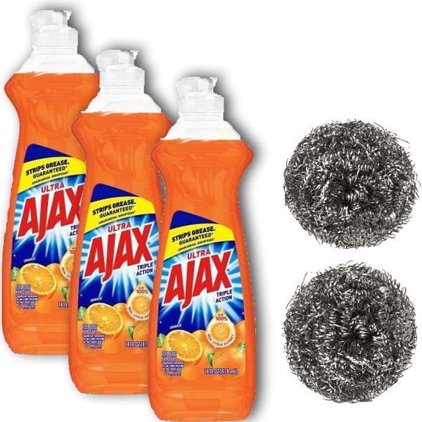 Ajax Dishwashing liquid soap Orange Scented Super Degreaser Dish Detergent, 3 bottles of 14 Oz. each [Total of 42 Oz.] and 2 compatible Sparklen Stainless Steel Wool Pot Scrubbers