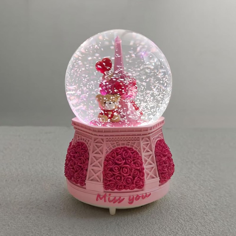 Snow Globe, 100mm Pink Resin Bear Sit Back The Flower
