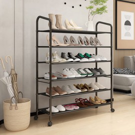 LEAIJIAFY Tall 6-Tier Metal Shoe Rack,Non-Woven Fabric Shoe Shelf,Large Storage Racks with Locking Wheels,Rolling Shoe Storage Organizer Shoe Stand Holders,for Garage Closet Dorm,Black