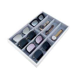 Premium Quality Sunglasses Eyewear 8-Slot Large Tray Organizer Display White PU Leather Exterior Soft Velvet Liner Light Grey