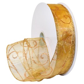Morex Ribbon Swirl Wired Sheer Glitter Ribbon 1-1/2 inch by 50 yards, Gold/Bronze