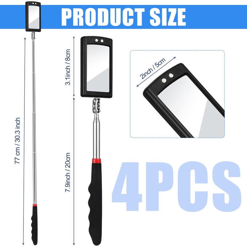 BBTO 4 Pieces Telescoping Inspection Mirror Telescoping LED Lighted Flexible