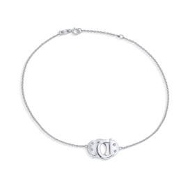 Minimalist Delicate BFF Couples Working Lock Black Genuine Leather Cord Sexy Handcuff Bracelet or Thin Bangle for Women for Teen CZ Accent .925 Sterling Silver