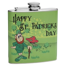 6oz Hip Flask - St. Patrick's Day Design - Pocket Size, Stainless Steel, Leak Proof, Screw-On Cap - Green, Black, Lime Green, Brown, Red, and Beige Wrapped Vinyl Finish - Black Gift Box Included