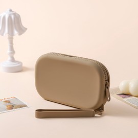 JOVAKIT - Bolsa de maquillaje de silicona portátil pequeña para mujer, bolsa de cosméticos de viaje, impermeable, regalo para mujer, cierre de cierre, estuche de maquillaje con asa, Caqui