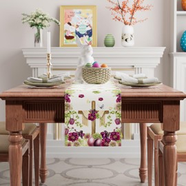 BOTB LIHM Easter Cross Eggs Purple Flowers Leaves Butterfly Cloth Table Runner Burlap Table Decoration for Spring Home Kitchen Dining Dinner Indoor Holiday Farmhouse Decor 13x36 Inch