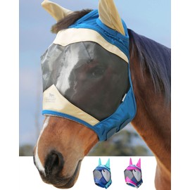 Harrison Howard Luxe Dual-Tone Horse Fly Mask Half Face with Ears Fully Visible UV-Blocking Fine Mesh Soft Fleece Edging for Extra Comfort Champagne Gold/Teal M Cob