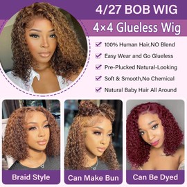 RUI MEI SI Glueless Wigs Human Hair Pre Plucked Pre Cut 4/27 Highlight Ombre Honey Blonde Curly Bob Wig Human Hair for Beginners 4x4 Deep Wave Lace Closure Glueless Wigs for Black Women 14 Inch