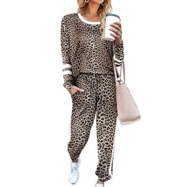 Aloodor 2 Piece Outfits for Women Casual Loungewear Sets Solid Color Sweatsuit Sets Leopard Print L
