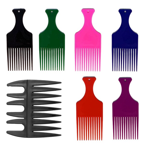 Pack of 7 Afro Combs, Smooth Hair Pick Comb, Detangling Hair Comb with Wide Teeth, Ergonomic Handle Design Made of Plastic for the Home Salon