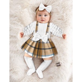 Queenstyle Baby Girl Clothes 6-9 Months Baby Girls' Clothing Baby Girl Outfits Fall Winter Infant Girl Clothes Puff Sleeve Romper Bow Brown Plaid Dress Jumpsuit with Socks