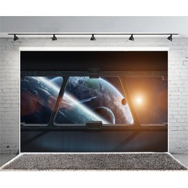 AOFOTO 10x7ft Spaceship Interior with Window View On Planet Backdrop Universe Exploration Science Fiction Spacecraft Photography Background Space Station Photo Booth Studio Props Vinyl Wallpaper