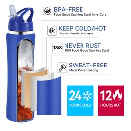 SUPPRUI Insulated Water Bottles,600ml Stainless Steel Water Bottle with Straw,Metal Water Bottle,Double Walled Drink Flasks Leakproof Keep Drinks Hot Cold (Blue)