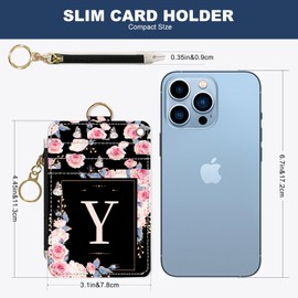 Slim Wallet Credit Card Holder, Initial Letter Y, RFID Wallet Women Cute Small Front Pocket with Zipper, PU Leather Thin Travel RFID Blocking Card Case ID Window,Ladies Gifts