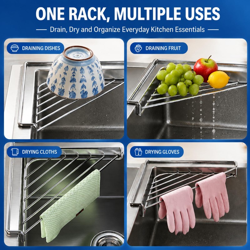 2PC Stainless Steel Corner Sink Shelf with Triangular Open Wire