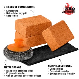 BBQ Moments BBQ Cleaning Tools, Stainless Steel Grill Cleaning Brush, Scrubber Block Pumice Stone & Compressed Towel Tablet Set - 3 Pcs Barbecue Cleaning Brick
