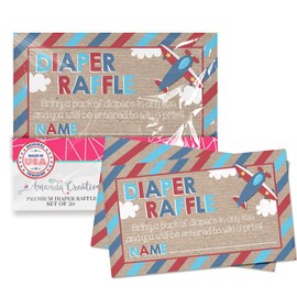 Flying By Airplane Themed Diaper Raffle Tickets for Boy Baby Showers, 20 2" X 3” Double Sided Insert Cards for Games by AmandaCreation, Bring a Pack of Diapers to Win Favors & Prizes!