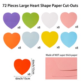 72 Pcs 6 Inch Large Heart Cutouts Assorted Color Creative Heart Shapes Double Sided Heart Craft Décor for Kids’ Love and Peace School Craft Projects, Valentine’s Day Craft(9 Color)