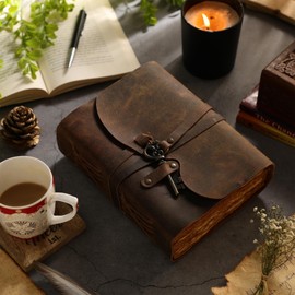 Fausta Vintage Leather Journal with Antique Brass Key Lock | Handmade 240 Pages 7" x 5" Leather Bound Notebook, Deckle Edge Cotton Paper Diary for Writing, Drawing, Sketching – Brown