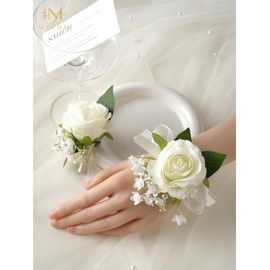 Meldel Wrist Corsage and Boutonniere Set(2pcs), Ivory White Artificial Silk Rose Pearls Bracelets Corsage for Bride, Groom Best Man Boutonniere Wedding Flower Accessories Prom Ceremony Party Decor