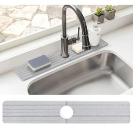 Bourske Tap Protector Drip Mat Diatomaceous Earth Quick-Drying Stone Tap Mat Tap Splash Guard for Kitchen and Bathroom Countertop Protect 60 x 10 cm (Light Grey)