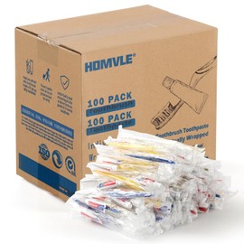 Homvle- 100 Paquetes de Cepillos de Dientes Desechables con Pasta de Dientes, Cepillo de Dientes de Viaje Envuelto Individualmente y Toothp