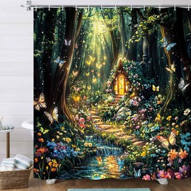 Coveimes Fantasy Forest Path Shower Curtain Beautiful Wonderland Rainforest Floral Garden Butterfly Plant Bathroom Decor Polyester Fabric Bathroom Curtain with Hooks 72X72