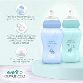 Evenflo Advanced Biberones Anticólicos Cuello Ancho, Azul y Teal, Flujo Medio, 270ml, Silicón Libre de BPA, Sistema Doble Válvula, 2 Piezas