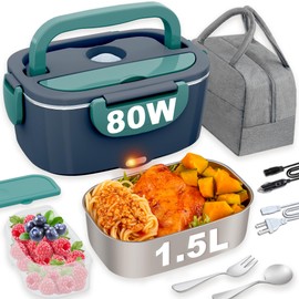 Nifogo Electric Lunch Box Food Heater 80W Heated Lunch Boxes for Men 1.5l Electric Lunch Box for Adults Portable 12/24/110V Heating Lunchbox for Work/Car/Truck with Insulated Bag(1.5L-Blue)