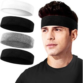 Sweatbands Sport Sweat Band for Men & Women, Moisture Wicking Terry Cloth Cotton Headband for Athletic Exercise, Tennis, Running, Basketball, Working Out, Fitness, Yoga(Black/White/Black/Gray)