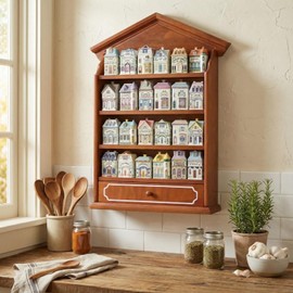 Vintage Wooden Spice Rack Village Style Display Shelf for 24 Jars