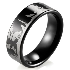 SHARDON Men's 8mm Black Tungsten Ring with Engraved Wolves in Forest Size 8