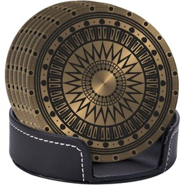 BOXIMIAO Drink Coasters with Holder Stand Set of 6, Gold Black Mandala Geometry Pu Leather Absorbent Coasters with Cork Base Table Round Coaster for Housewarming Apartment Kitchen Bar Decor