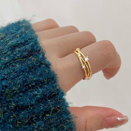 Aneneiceera Vintage Crystal Band Ring Half Open Rhinestone Ring Gold Cz Finger Ring Adjustable Statement Ring Jewelry for Women