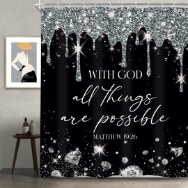 Newsely Black Silver Diamonds Quotes Shower Curtain 60Wx72H Inch (No Glitter) Modern Black White Bible Verse Luxury Christian Scripture Bathroom Set Women Waterproof Decoration Accessories Home Decor