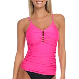 RELLECIGA Women's Neon Rose V Neck Shirred Tankini Top Swimsuits Tummy Control Bathing Suit Size Medium