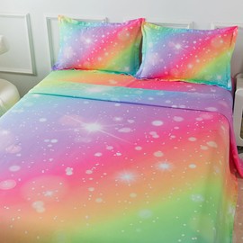 ADASMILE A & S Rainbow Fitted Bed Sheet for Kids 4 Pieces Rainbow Sheets Queen for Girls Pink Glitter Tie Dye Pastel Bed Set (1 Flat Sheet + 1 Deep Pocket Fitted Sheet and 2 Pillowcases) Bedroom Decor