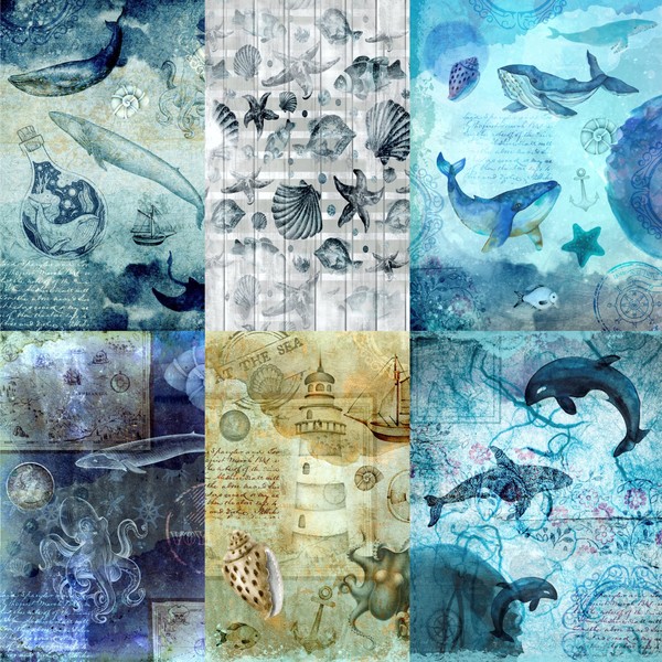 Carta di riso di gelso a tema Sea Life, 20,5 x 26,5 cm, 6 diverse immagini di carta di gelso stampata da 30 g/m², per decoupage, artigianato, collage, arte